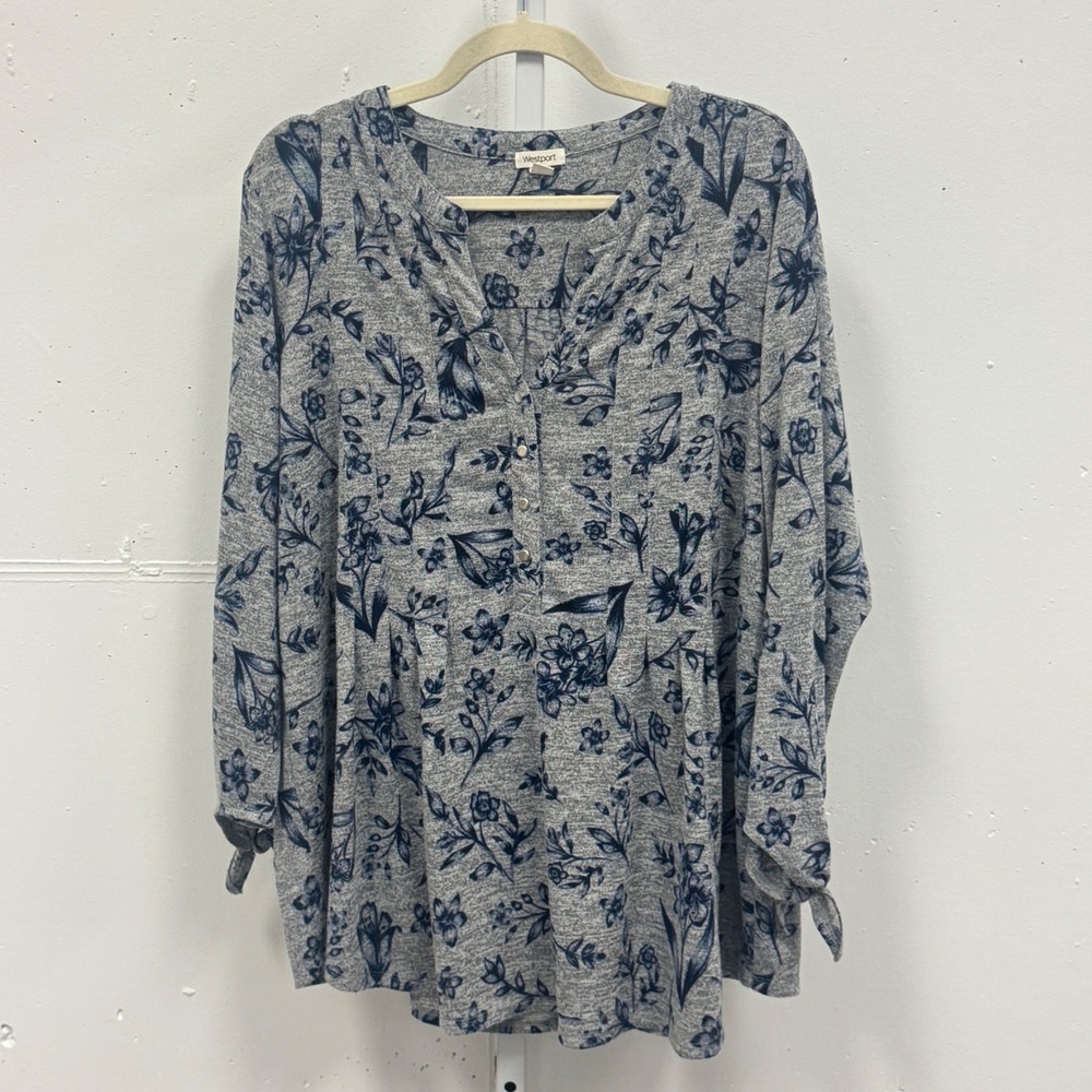 Westport Woman 2X Floral Knit Tunic Top Button V-Neck Tie Sleeve Gray Navy Blue